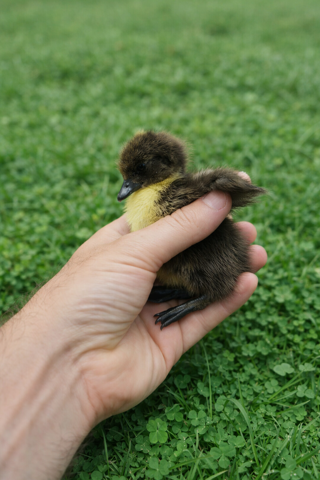 Duckling being held